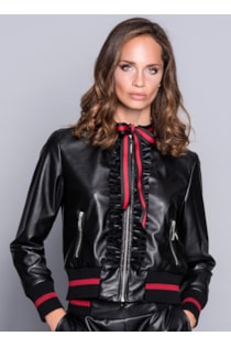 Fake leather coat with frills