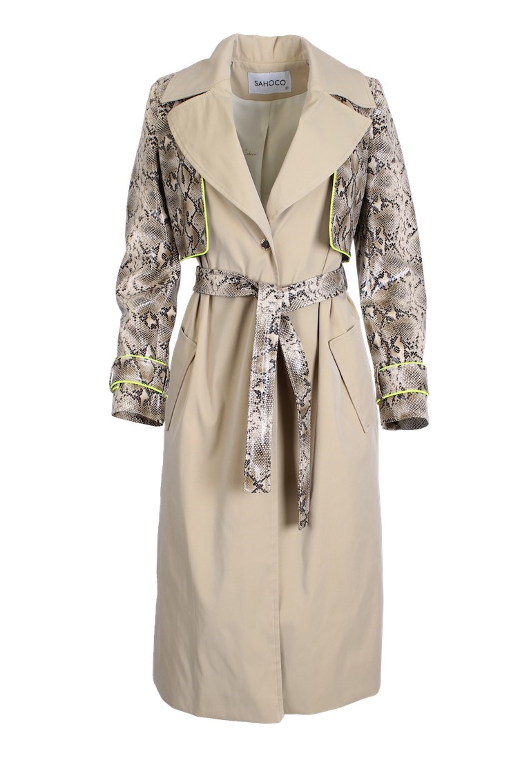 Trench coat with patterned snake detail
